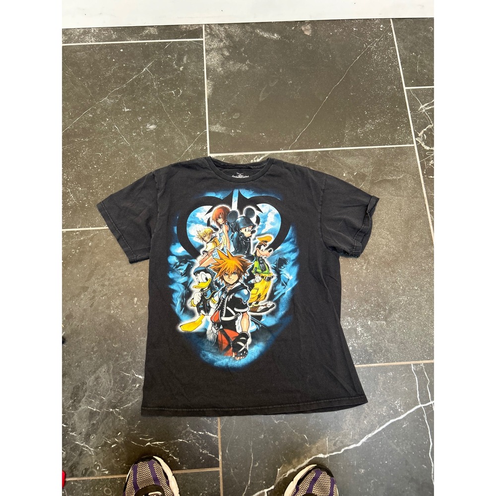 Kingdom Hearts Mens Large Black Graphic T-Shirt Disney Sora Mickey Donald Goofy